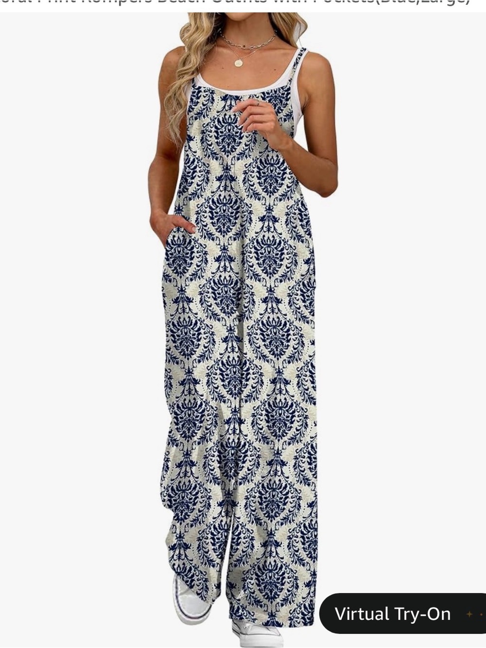 Sleeveless Beige Jumpsuit with Navy Damask Print